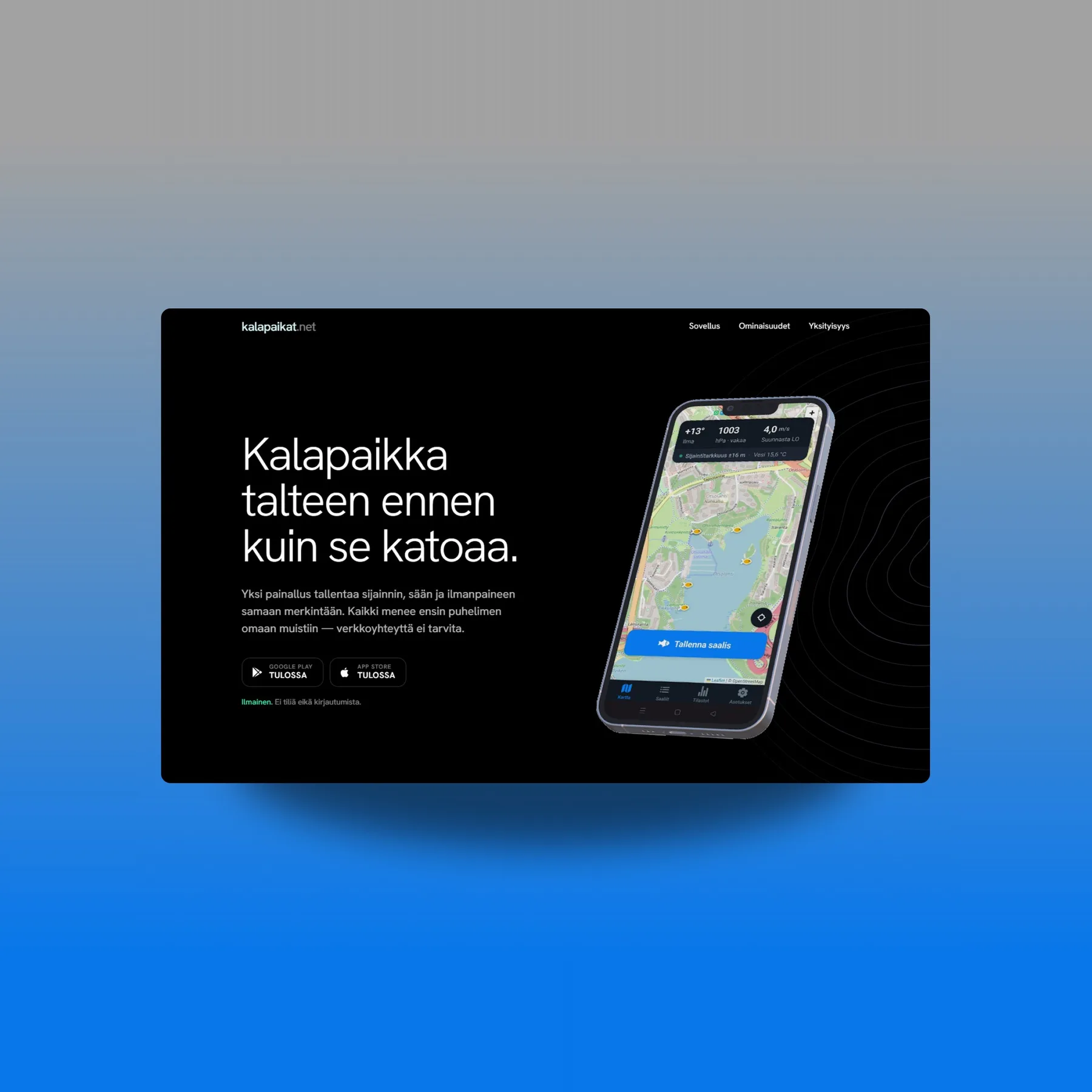 Kalapaikat.net-verkkosivu: otsikko ”Kalapaikka talteen ennen kuin se katoaa”, vieressä puhelin, jonka kartalle on merkitty kalapaikkoja.