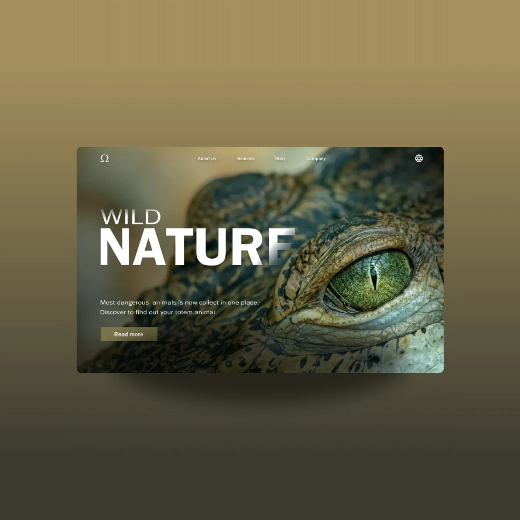 Verkkosivun konseptisuunnitelma: krokotiilin silmä lähikuvassa, otsikkona ”Wild Nature”.